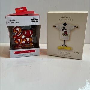 HALLMARK MICKEY MOUSE 2007 Christmas Ornaments “Style With A Smile” And “2023”.